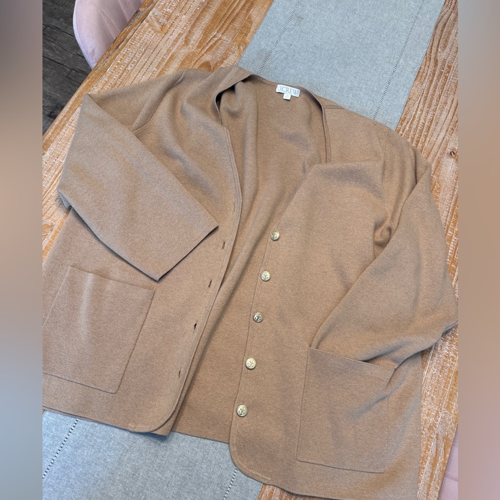 J Crew caramel colored sweater with gold anchor buttons